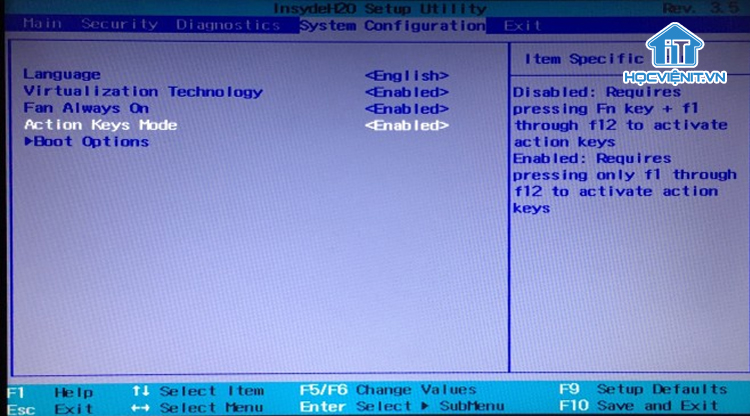 Bật mục Action Keys Mode