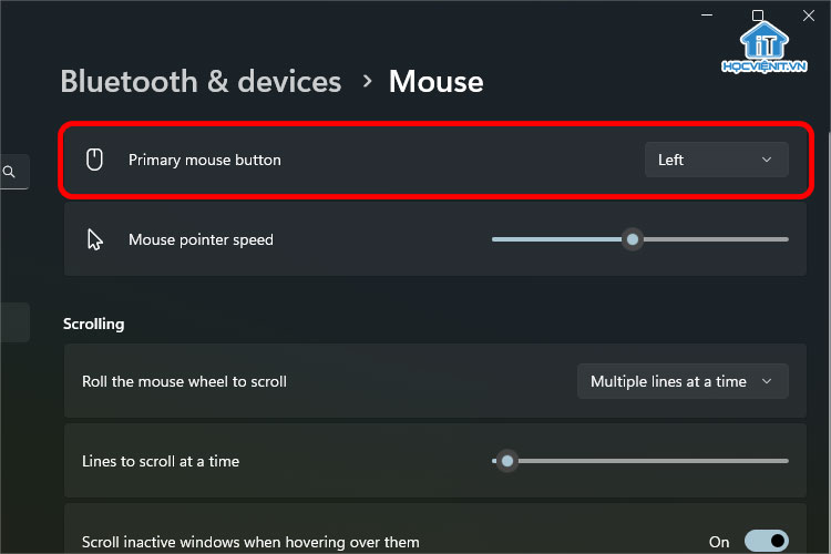 Chuyển cài đặt Primary mouse button sang Left